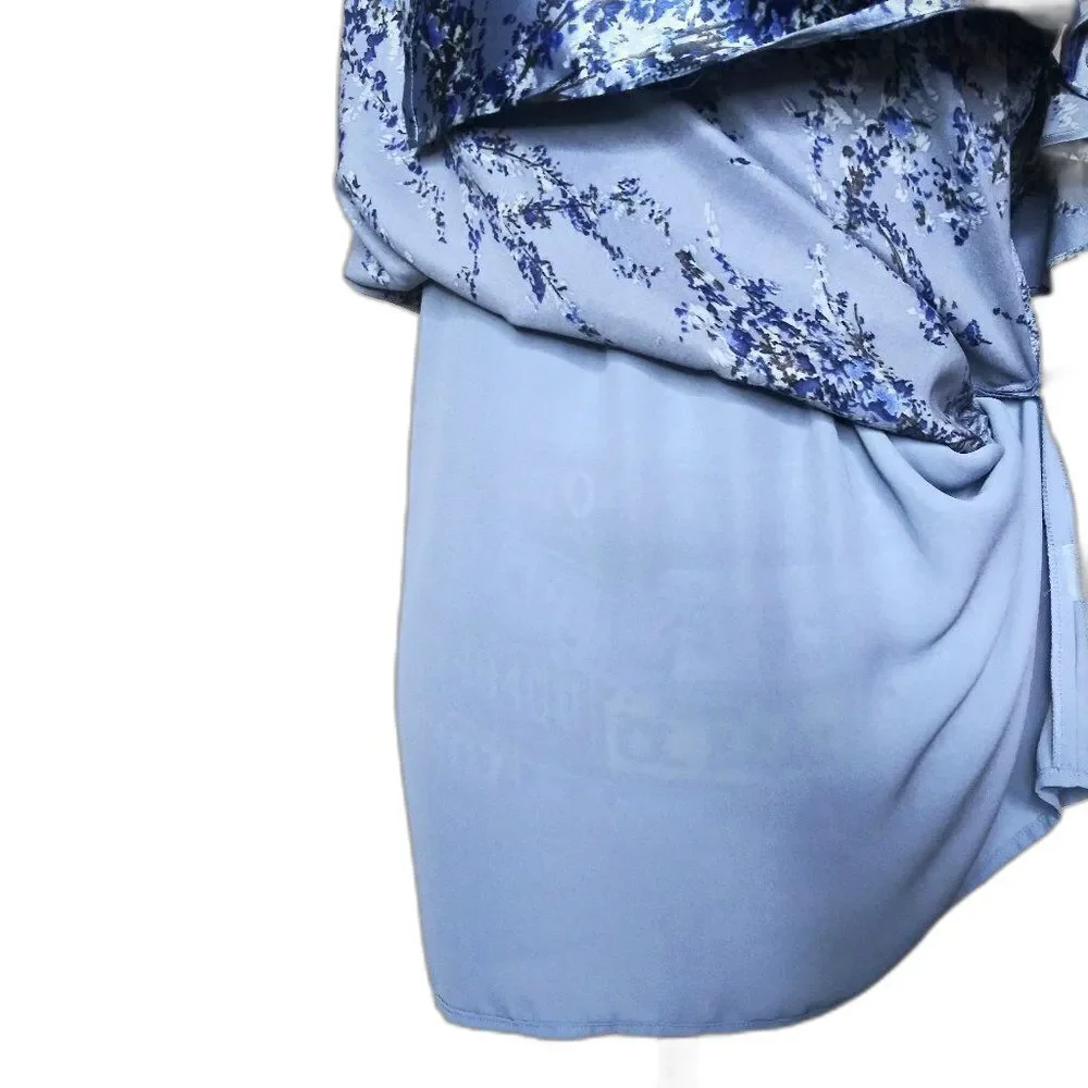 WAYF Quinn Floral Satin Midi Slip Dress Cold Shoulder Side Slit Ruffles Blue S